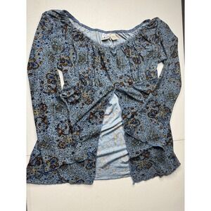 Duo Maternity Blue Paisley Split Front Empire Waist Top Small Long Sleeve Boho